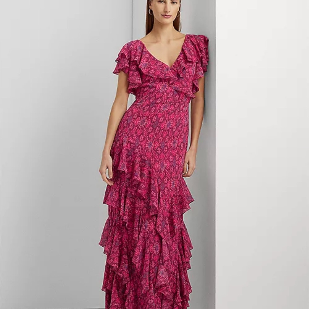 Ralph Lauren Ruffle Trim Georgette Gown